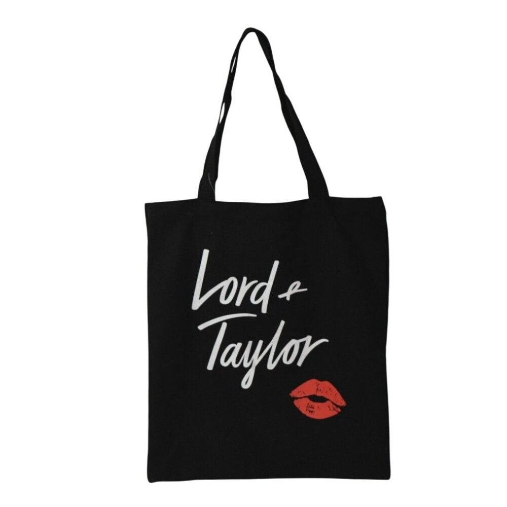 Lord & Taylor Black Cotton Tote Bag Red Lip Graphic White Script